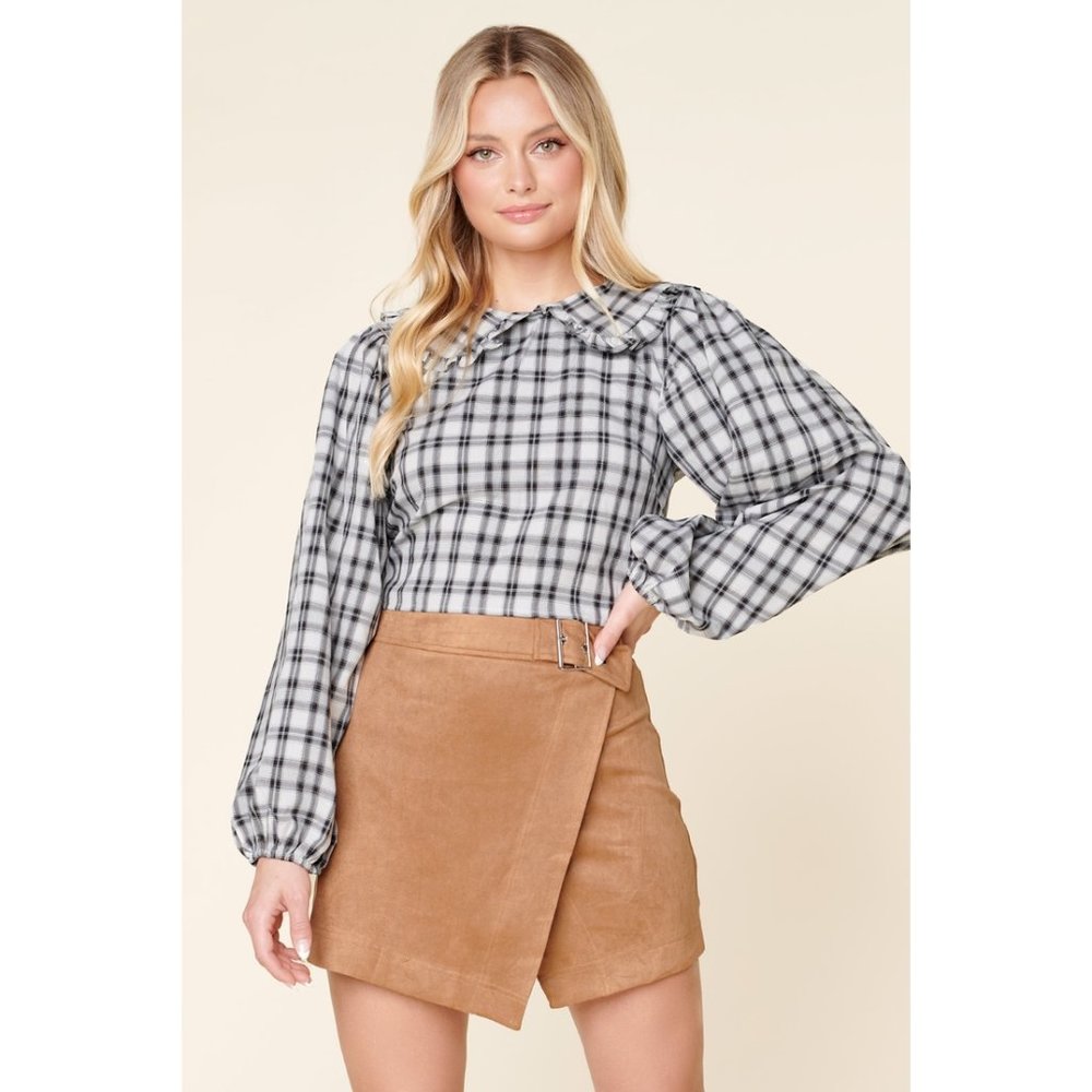 Sweet Take Plaid Balloon Sleeve Blouse